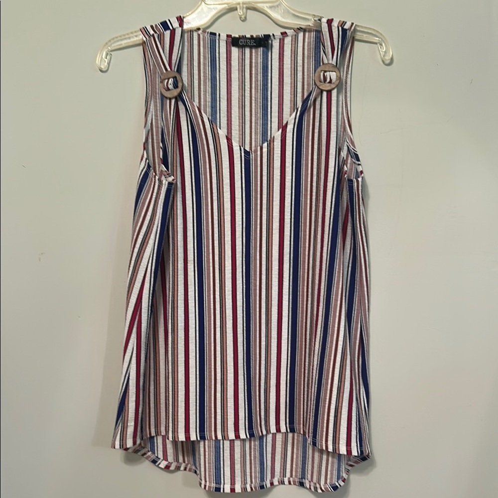 Red and Blue Asymmetrical Sleeveless Tank Top. Size Small. Fits loose.